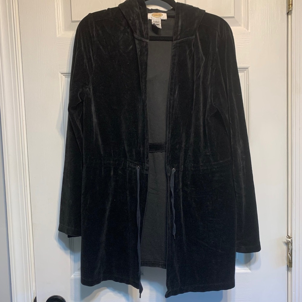 Talbots Velour Hooded Cardigan Size M Black Open Front Lounge Athleisure Cozy